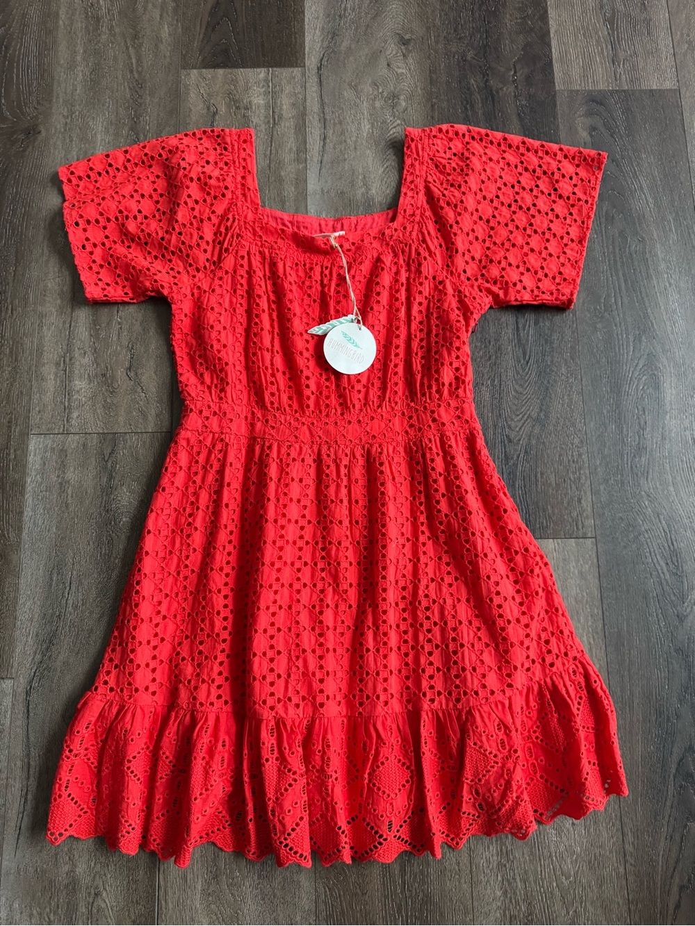 Hummingbird Eyelet Cotton Dress Women’s Size Large Coral Red Color